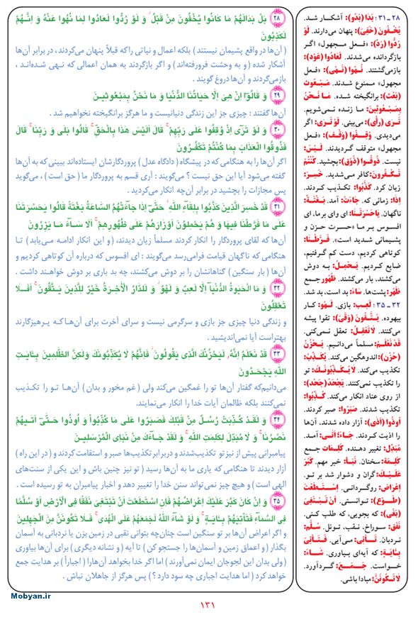 قرآن  بشیر با ترجمه و معنی بعضی از لغات صفحه 131