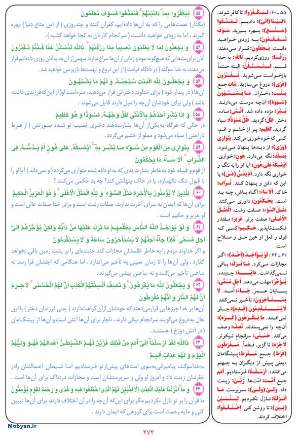 قرآن  بشیر با ترجمه و معنی بعضی از لغات صفحه 273