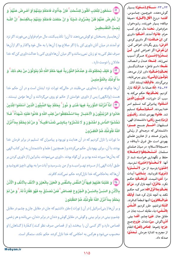 قرآن  بشیر با ترجمه و معنی بعضی از لغات صفحه 115