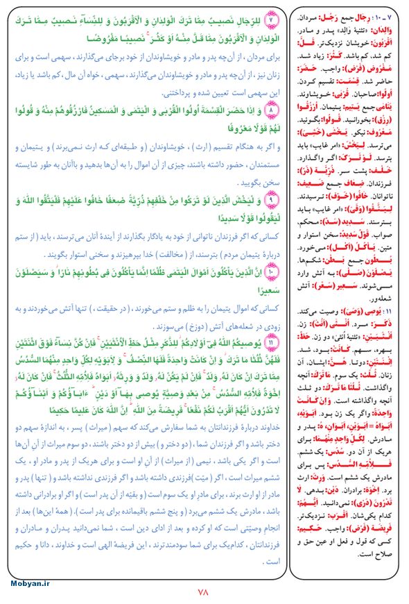 قرآن  بشیر با ترجمه و معنی بعضی از لغات صفحه 78